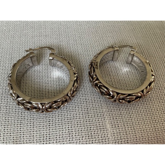 925 Italy Sterling Silver byzantine hoop earrings 1' diameter Vintage Estate - Picture 5 of 5